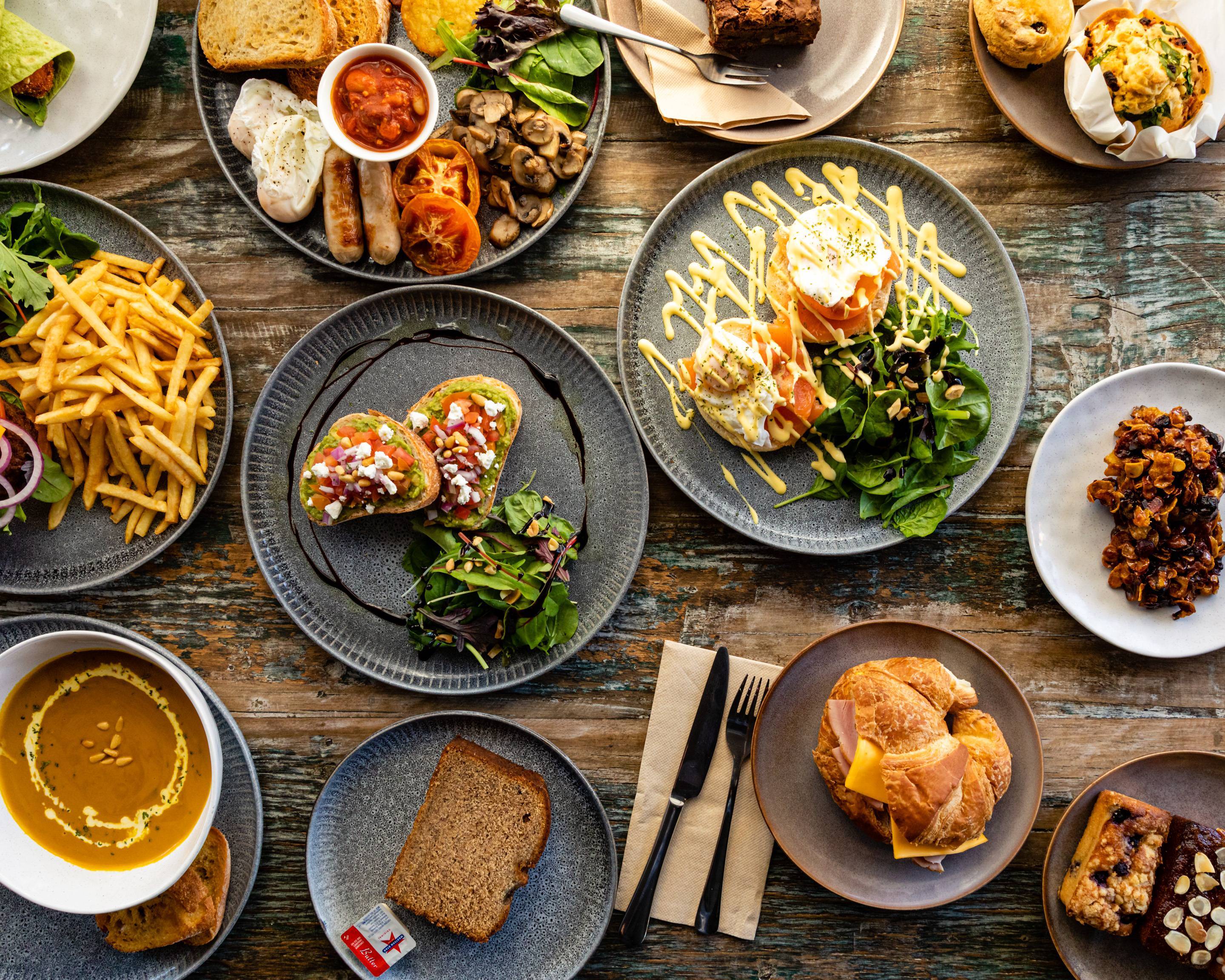 Brunch spread on a cafe table